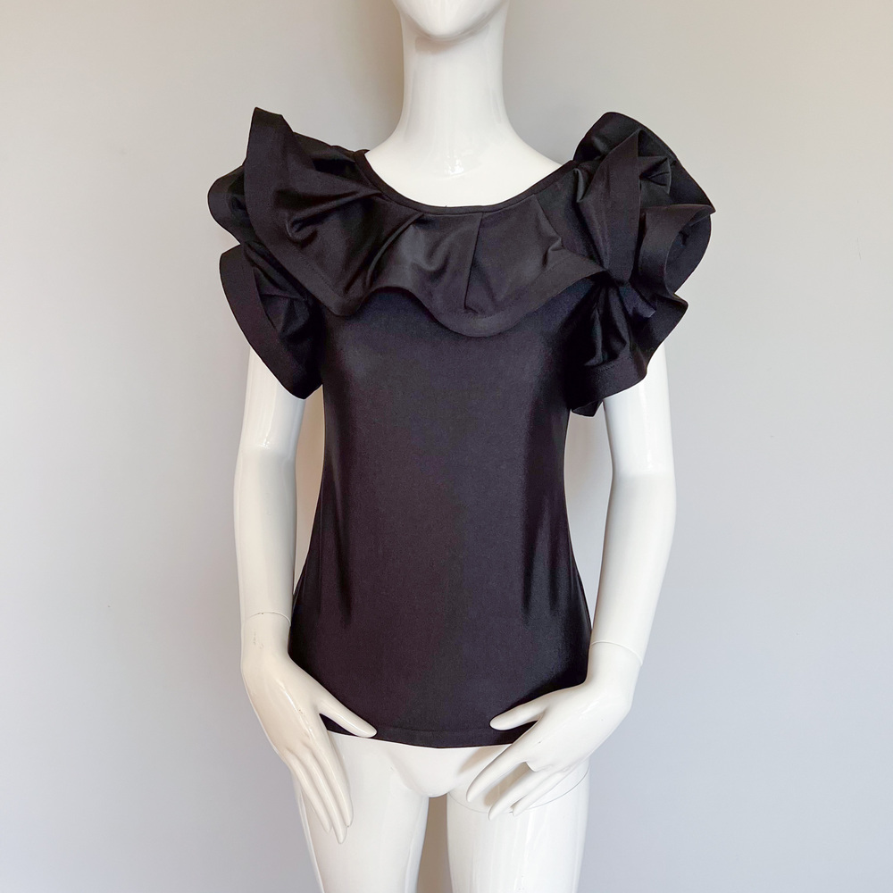 NEW GRACIA Black Evening Statement Ruffle Collar Short Sleeve Top Blouse Size M